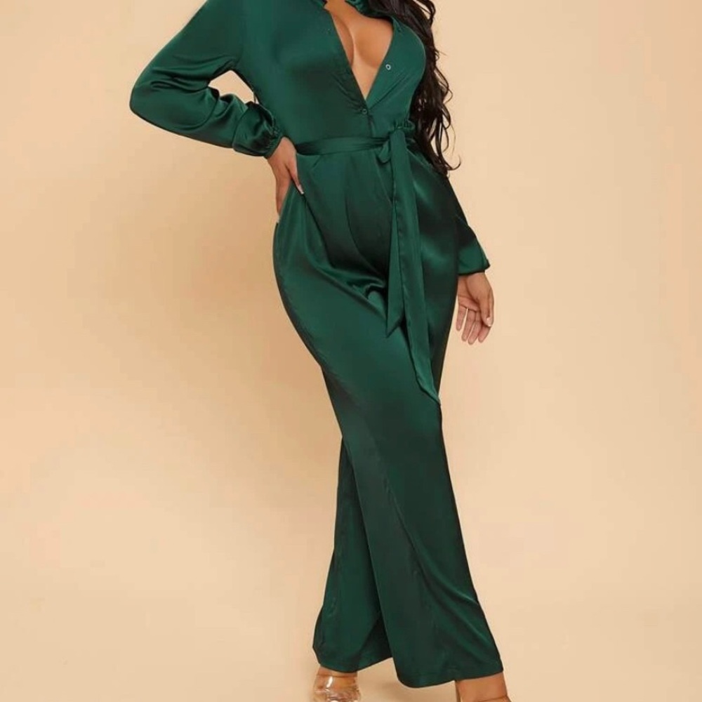 Emerald green jumpsuit satin